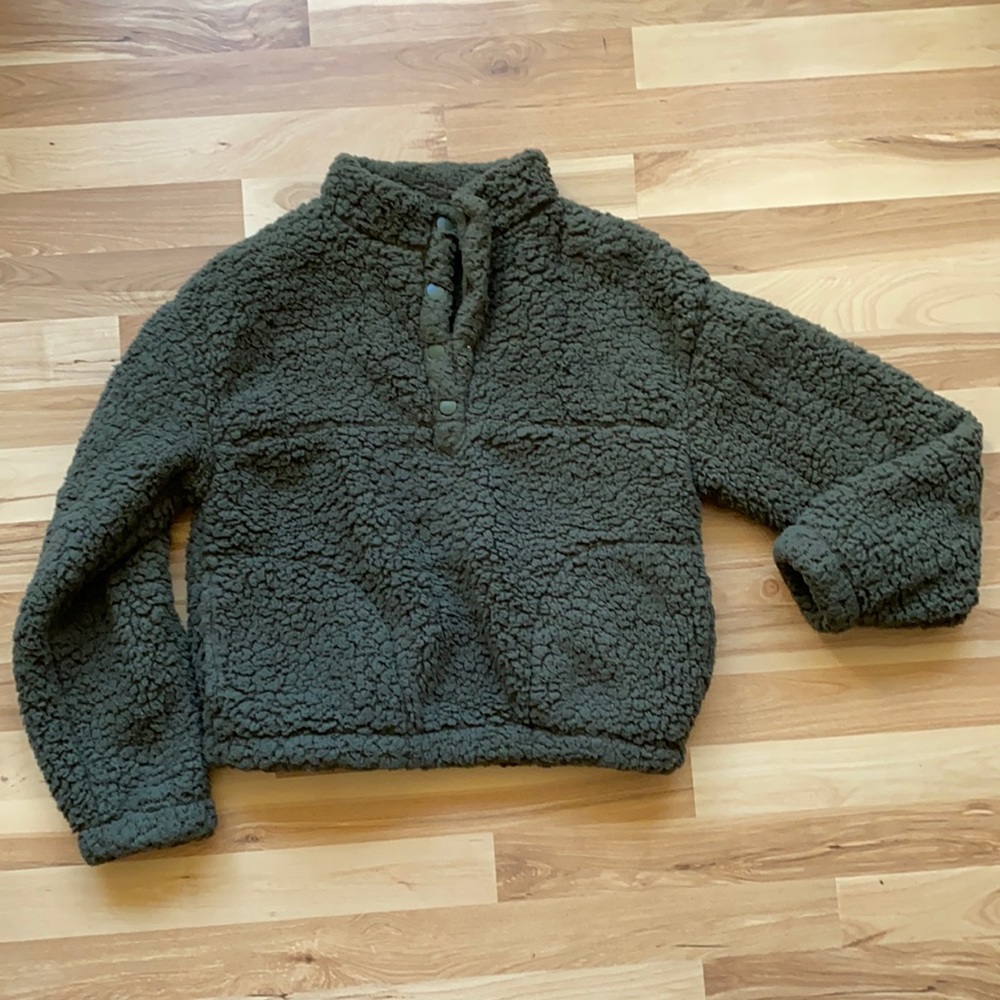 Olive Sherpa Half-Button-Down Pullover - image 1